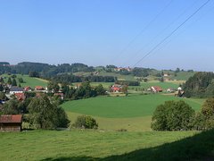 Landschaft mit Wiesen, Wäldchen und Häusern.