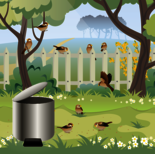 Gartenszene. Grafik: dandelion-tea Clker-Free-Vector-Images_Pixabay Inhaltslizenz 6097539 GartenSzene Mit Spatzen
