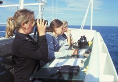 Meeresbiologinnen mit Ferngläsern auf einem Schiff